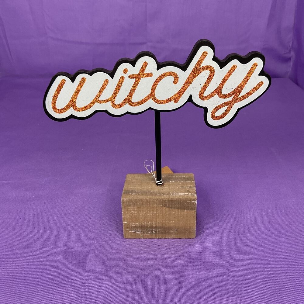 Collins "Witchy" Glitter Word Stand - Rustic Wooden Halloween Tabletop Decor